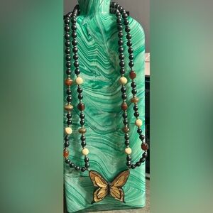 Butterfly‎ Wooden Mosaic Retro Pendant Beaded Necklace